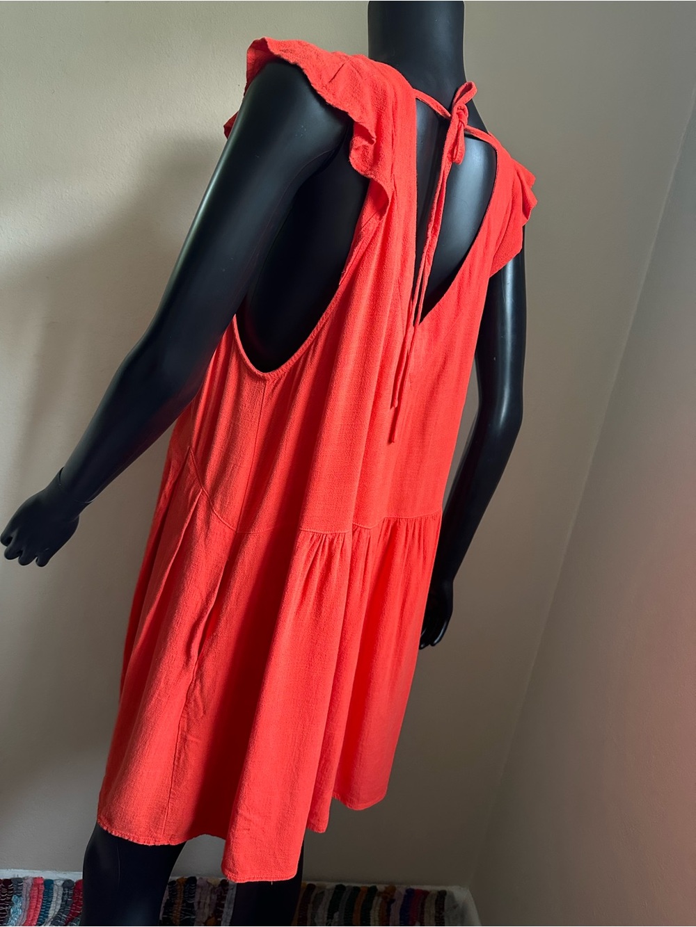 Promesa Coral Orange Flutter Ruffle Sleeve V-Neck Mini Dress with Tie Back - Picture 7 of 11